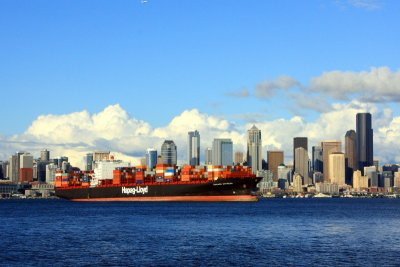 Seattle skyline with container ships