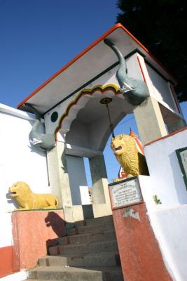 Entrance guarded by lions, Kunjapuri Devi temple, Uttaranchal