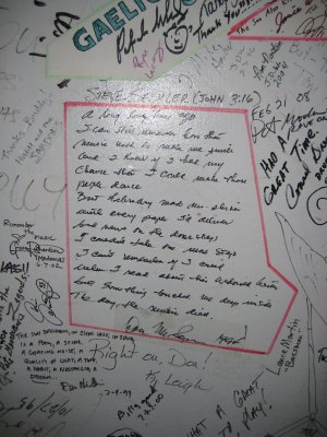 American Pie lyrics by Don McLean written on dressing room wall.