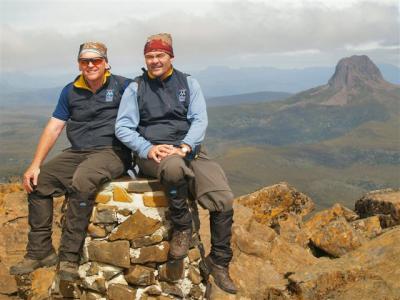 Myself and Robert on the summit of Cradle Mt with Barn Bluff in background