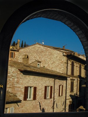 View of medieval buildings through the window ..  A4004