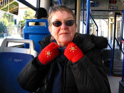 Margaret, all bundled up, getting refuge in the bus brrrr, it was cold in Assisi!..A4147