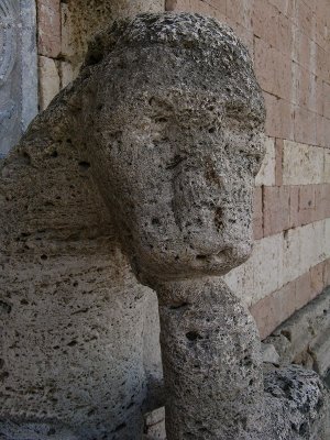 Stone lion flanking main door, closeup .. A4271