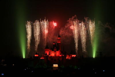 Sleeping Beauty Castle Green Lights Red Streamers