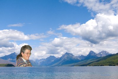zP1010783 Montana Lady in Mountains across Lake MacDonald in Glacier National Park.jpg
