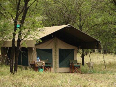 Our Serengeti tent, complete with hot shower bucket