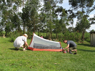 Jan, from Slovenia, helps me pitch my tent at the Kakamega Forest campsite.