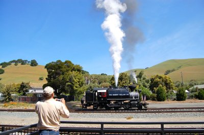 Niles Canyon Railway's Robert Dollar #3 lets off a little steam as she runs around her train.