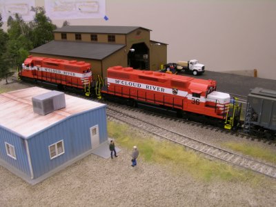 Jeff Ferris' McCloud SD38s at the lumber mill at  Iona