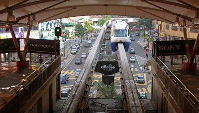Blue monorail train in Kuala Lumpur