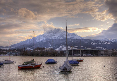 Lake Lucerne at dusk with mount Pilatus at the background
