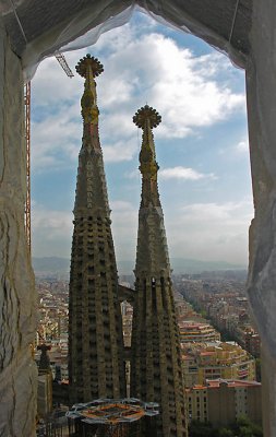 The spires of the Sagrada Familia cathedral tower over Barcelona. Catalonia, Spain.