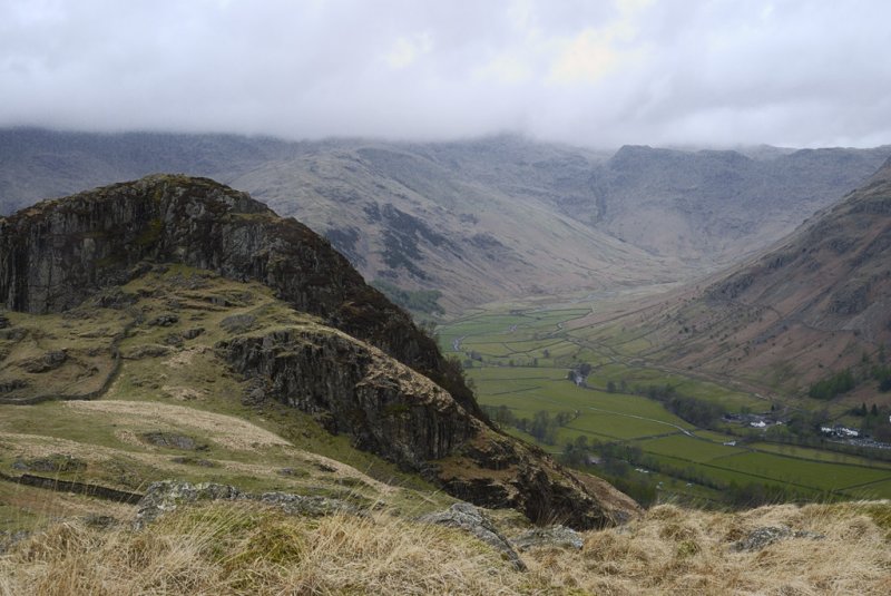 Side Pike of Lingmoor Fell; Old Dungeon Ghyll Hotel bottom right, Rossett Pike to Mansey Pike ridge top right