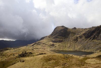 Harrison's Stickle and Stickle Tarn; Crinkle Crags disappearing into cloud at the left