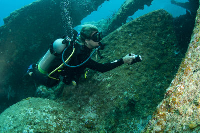 Diver on the propeller of the Wreck of the Rhone