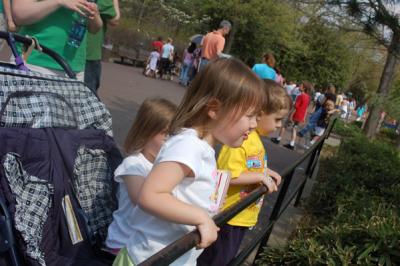 Reagan in the front looking at a Giraffe
