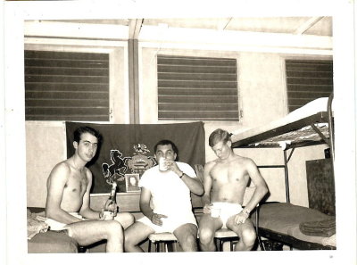 46-L to R-Dennis Reichmuth, Joe Balboa, and David having a little drink on night off
