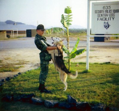 Craig and Whitey-18M3, taken by Sgt. Rick Armando 12 Feb 70 in front of U-Tapao Kennel the day he left Thailand-2