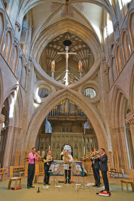 Brass quintet rehearsing, Wells Cathedral