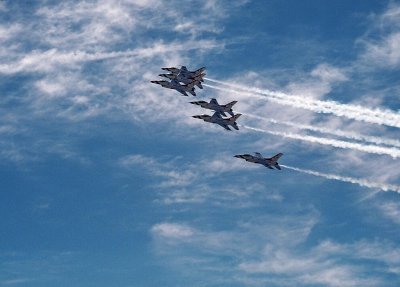 The Thunderbirds on approach over the stands