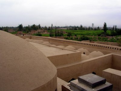 Turfan - Mosque roof with vineyards in background