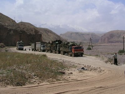 At the Chinese border with Kyrgyzstan, incredibly overloaded trucks