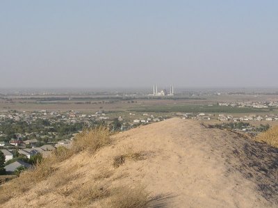 Near Ashghabad, Turkmenistan - Ruins of Nissa - view of new mosque in nearby city