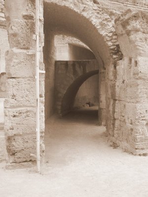 El Djem - Roman amphitheatre - underground arches (sepia)