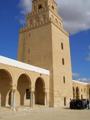 Kairouan - Great Mosque courtyard with minaret