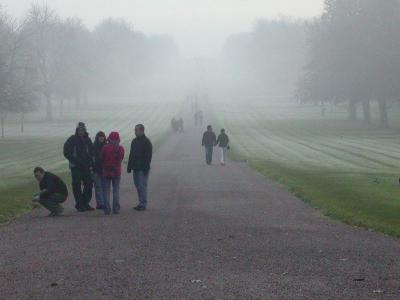 The Long Walk disappears in the fog leading to the enshrouded statue of King George