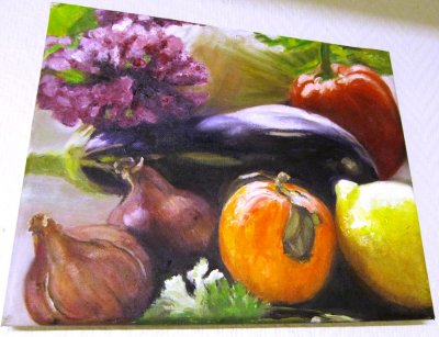 Aubergine, pple, citron, paprika o rdlk (olja p duk 30x24)