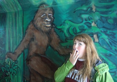 My Daughter Angela WIth Bigfoot Mural,,, Laramie State Park,, Bellingham