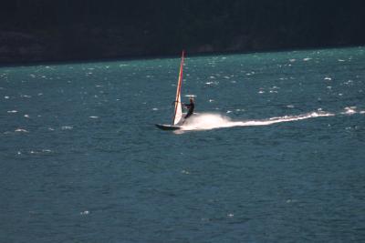 Windsurfer near boat ramp in Stehekin