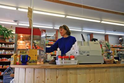 Sally Tends Popcorn  At  Bear Foods Organic Food Store and Cafe
