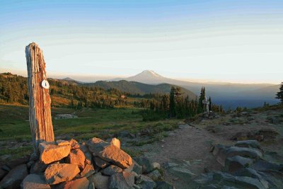  Evening Near Goat Rocks With Old Marker And Mt. Adams ( Pacifc Crest Trail )