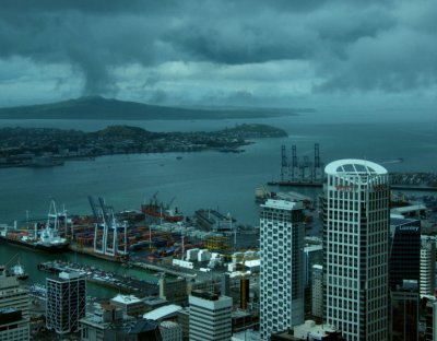 Rangitoto Island and Docks Auckland from SkyTower (the clouds are genuine)