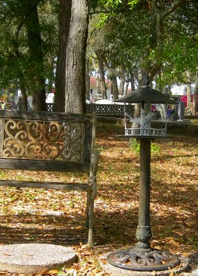 cemetery bench & bird feeder