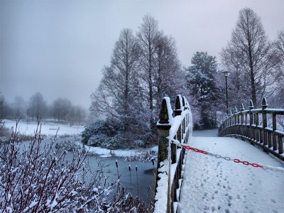 Winter Lake & Snow Covered Bridge