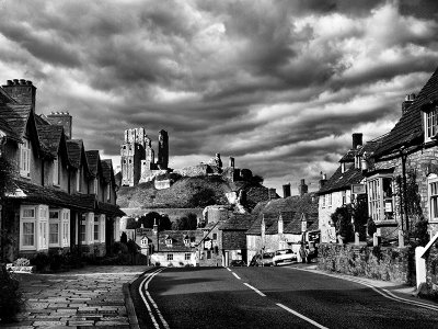View towards Castle Ruins at Corfe Castle in Black and White