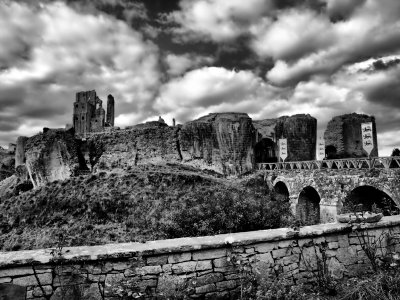 Ruins viewed from Corfe Castle Tea Rooms Garden in Black and White