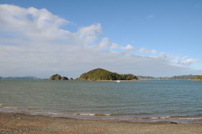 View of one of the hundreds of islands in the Bay of Islands from Paihia sea front