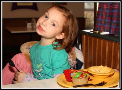 Noelle is very excited to finish her mac cheese and get to the huge sale at the Disney Outlet store