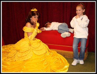 Kylie pretended to sleep on Belle's seat. Belle laughed and called her Sleeping Beauty