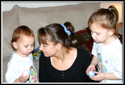 Picking out stickers for the eggs