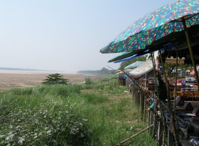 Riverbank cafe and Mekong sandbanks