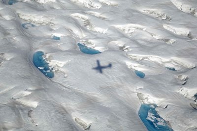 Ski plane shadow, landing on Ruth Glacier, from plane-070309-Denali National Park, AK-#0264.jpg