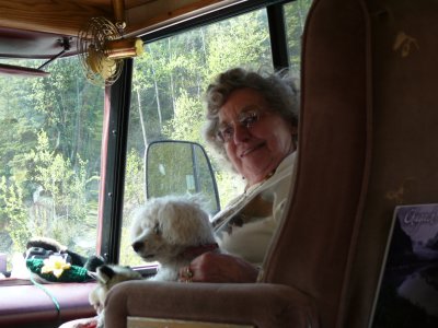 Mom, Casper and the new sled-dog are the co-pilots of the RV