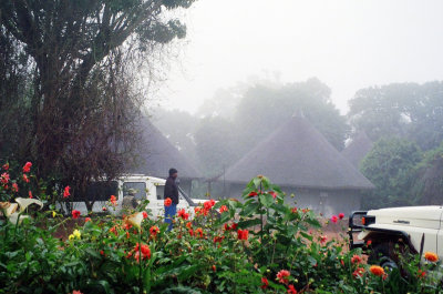 Assembling to go into the crater amidst the early morning fog