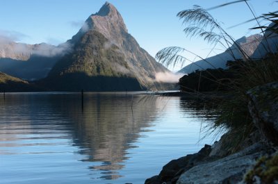 Mitre Peak from tour boat landing levy.