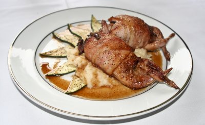 Bacon wrapped quail with mashed potatoes and zucchini...